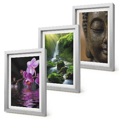 Triptych v ráme Kvety vo vodopáde so zelenými skalami Budha