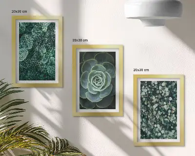 Triptych v ráme zelené listy sukulentov a jemné vetvičky