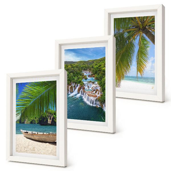 Triptych v ráme Pláž s loďou, vodopádmi a palmami v trópoch