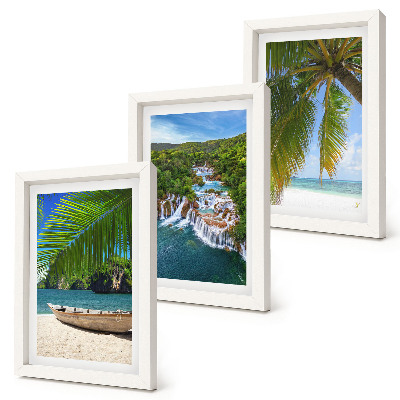 Triptych v ráme Pláž s loďou, vodopádmi a palmami v trópoch