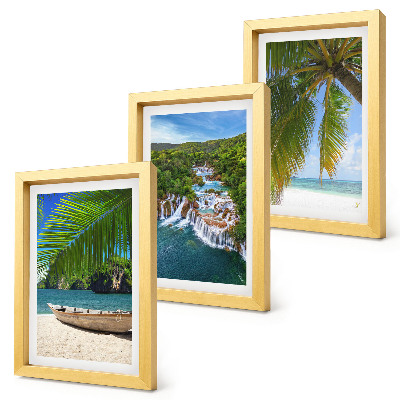 Triptych v ráme Pláž s loďou, vodopádmi a palmami v trópoch