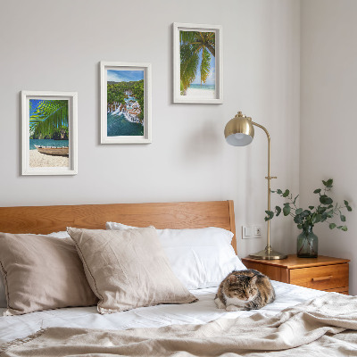 Triptych v ráme Pláž s loďou, vodopádmi a palmami v trópoch