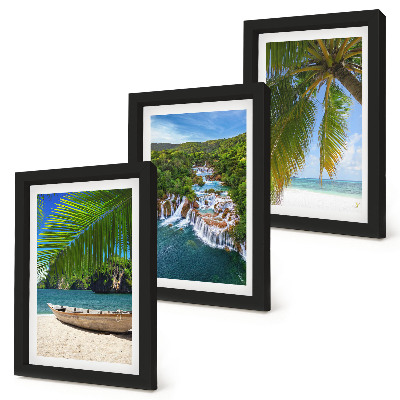 Triptych v ráme Pláž s loďou, vodopádmi a palmami v trópoch