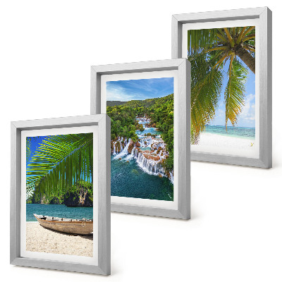 Triptych v ráme Pláž s loďou, vodopádmi a palmami v trópoch