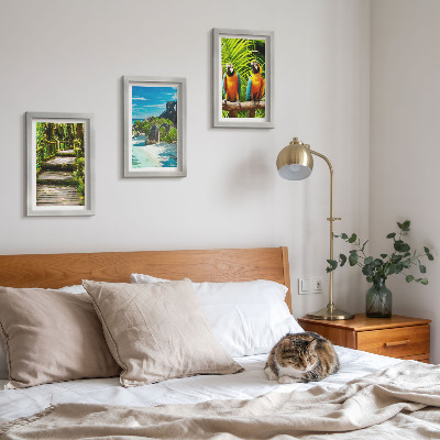 Triptych v ráme Tropický les s vodopádom a farebnými papagájmi