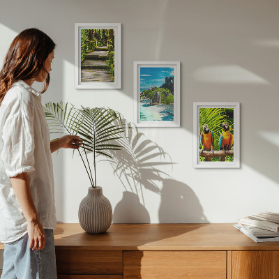 Triptych v ráme Tropický les s vodopádom a farebnými papagájmi