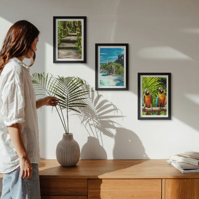 Triptych v ráme Tropický les s vodopádom a farebnými papagájmi