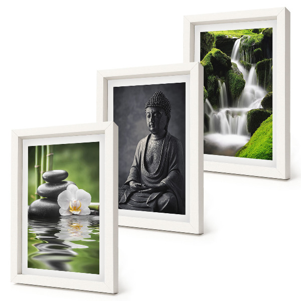 Triptych v ráme Relaxačné ZEN maľby s vodou, kameňmi a Budhom