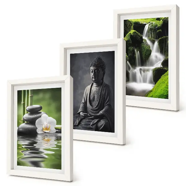 Relaxačné ZEN maľby s motívom vody, kameňov a Budhu triptych v ráme