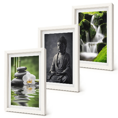 Triptych v ráme Relaxačné ZEN maľby s vodou, kameňmi a Budhom