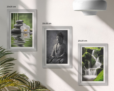Triptych v ráme Relaxačné ZEN maľby s vodou, kameňmi a Budhom