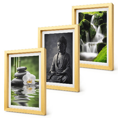 Triptych v ráme Relaxačné ZEN maľby s vodou, kameňmi a Budhom