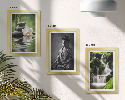 Triptych v ráme Relaxačné ZEN maľby s vodou, kameňmi a Budhom