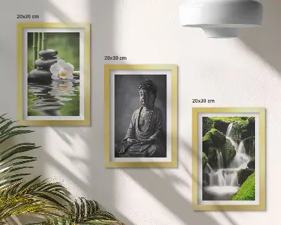 Relaxačné ZEN maľby s motívom vody, kameňov a Budhu triptych v ráme