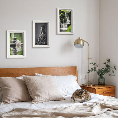 Triptych v ráme Relaxačné ZEN maľby s vodou, kameňmi a Budhom