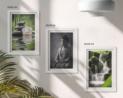 Triptych v ráme Relaxačné ZEN maľby s vodou, kameňmi a Budhom