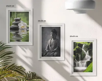Relaxačné ZEN maľby s motívom vody, kameňov a Budhu triptych v ráme