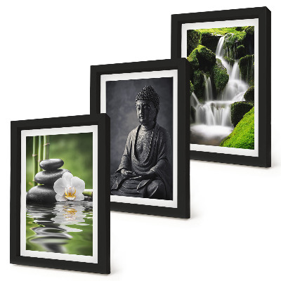 Triptych v ráme Relaxačné ZEN maľby s vodou, kameňmi a Budhom