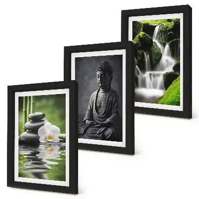 Relaxačné ZEN maľby s motívom vody, kameňov a Budhu triptych v ráme