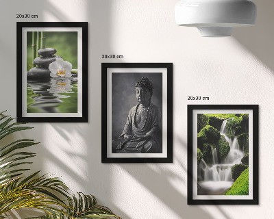 Triptych v ráme Relaxačné ZEN maľby s vodou, kameňmi a Budhom