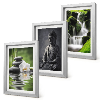 Triptych v ráme Relaxačné ZEN maľby s vodou, kameňmi a Budhom