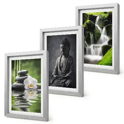 Relaxačné ZEN maľby s motívom vody, kameňov a Budhu triptych v ráme