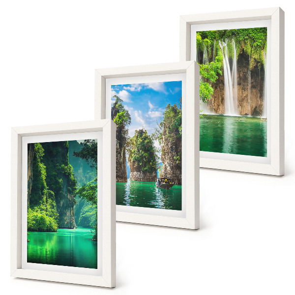 Triptych v ráme Zelená krajina s vodopádmi a skalami