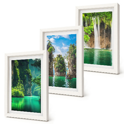 Triptych v ráme Zelená krajina s vodopádmi a skalami