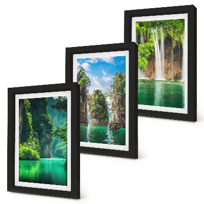 Triptych v ráme Zelená krajina s vodopádmi a skalami