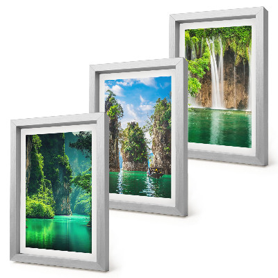 Triptych v ráme Zelená krajina s vodopádmi a skalami