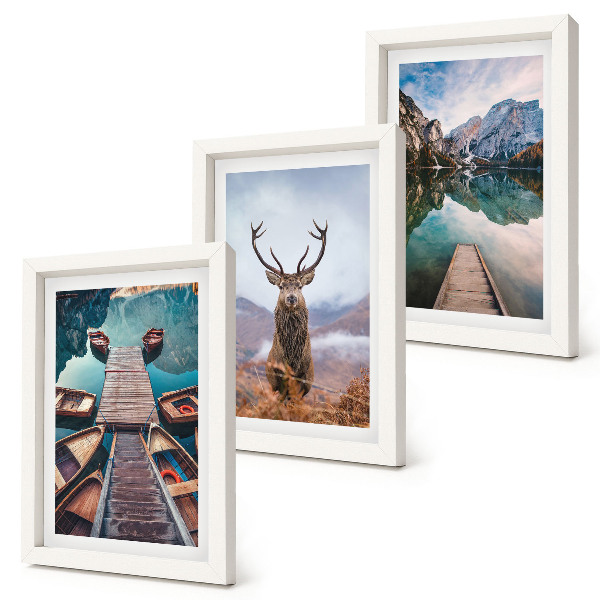 Triptych v ráme Jazero s loďkami, jeleňmi a horskou krajinou