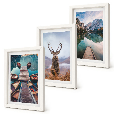 Triptych v ráme Jazero s loďkami, jeleňmi a horskou krajinou