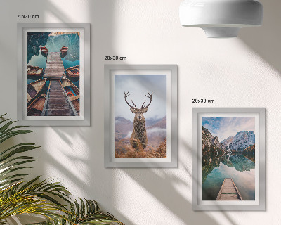 Triptych v ráme Jazero s loďkami, jeleňmi a horskou krajinou