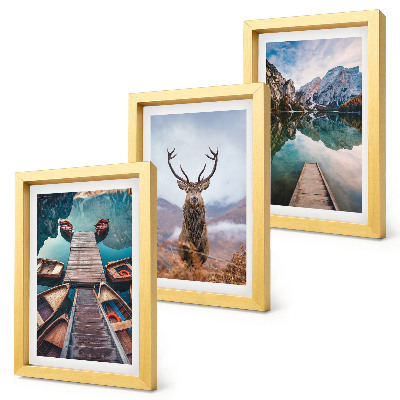 Triptych v ráme Jazero s loďkami, jeleňmi a horskou krajinou
