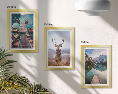 Triptych v ráme Jazero s loďkami, jeleňmi a horskou krajinou