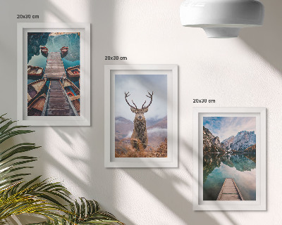 Triptych v ráme Jazero s loďkami, jeleňmi a horskou krajinou