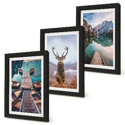 Triptych v ráme Jazero s loďkami, jeleňmi a horskou krajinou
