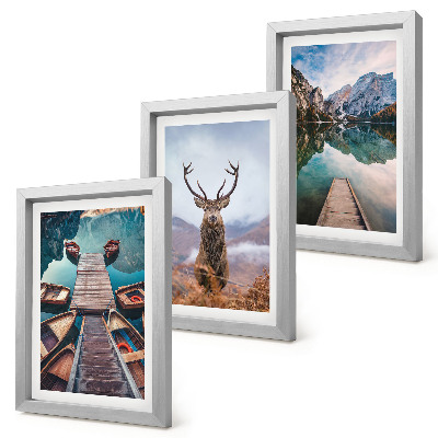 Triptych v ráme Jazero s loďkami, jeleňmi a horskou krajinou