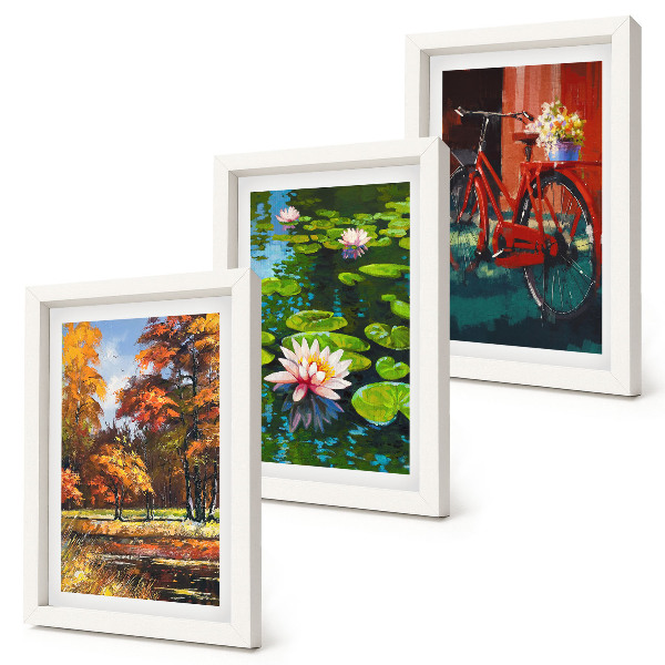 Triptych v ráme Jesenné farby jazierka s ľaliami na bicykli na terase