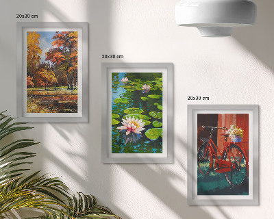 Triptych v ráme Jesenné farby jazierka s ľaliami na bicykli na terase