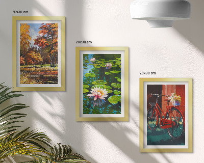 Triptych v ráme Jesenné farby jazierka s ľaliami na bicykli na terase