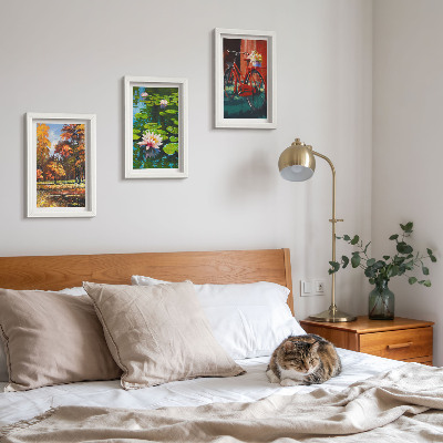 Triptych v ráme Jesenné farby jazierka s ľaliami na bicykli na terase