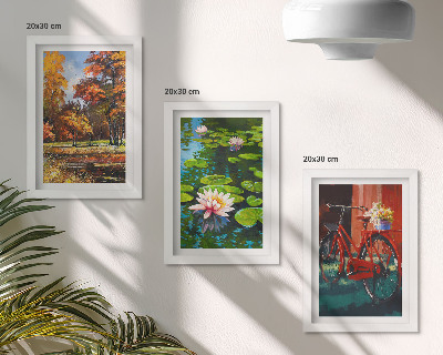 Triptych v ráme Jesenné farby jazierka s ľaliami na bicykli na terase