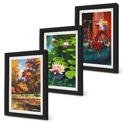 Triptych v ráme Jesenné farby jazierka s ľaliami na bicykli na terase