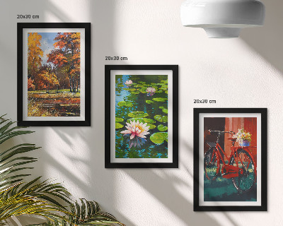 Triptych v ráme Jesenné farby jazierka s ľaliami na bicykli na terase