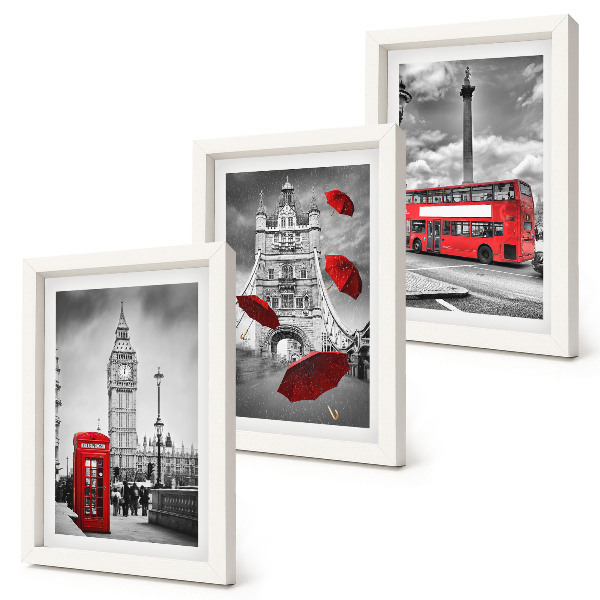 Triptych v ráme Výhľady na Londýn s červeným dáždnikom a autobusom