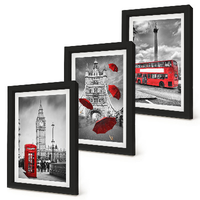 Triptych v ráme Výhľady na Londýn s červeným dáždnikom a autobusom