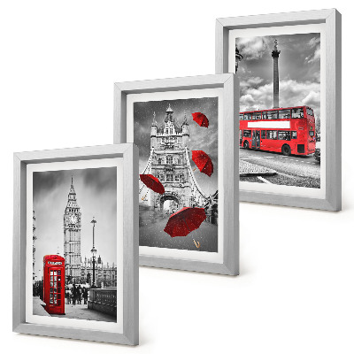 Triptych v ráme Výhľady na Londýn s červeným dáždnikom a autobusom