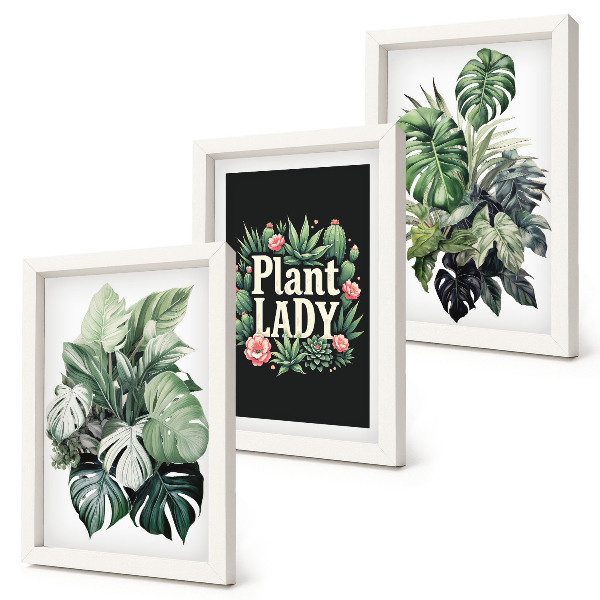 Triptych v ráme Tropické rastliny s nápisom Plant Lady v zelenej farbe