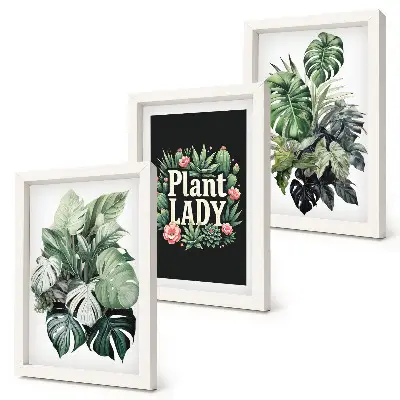 Triptych Tropické rastliny v ráme s nápisom Plant Lady v zelenej farbe